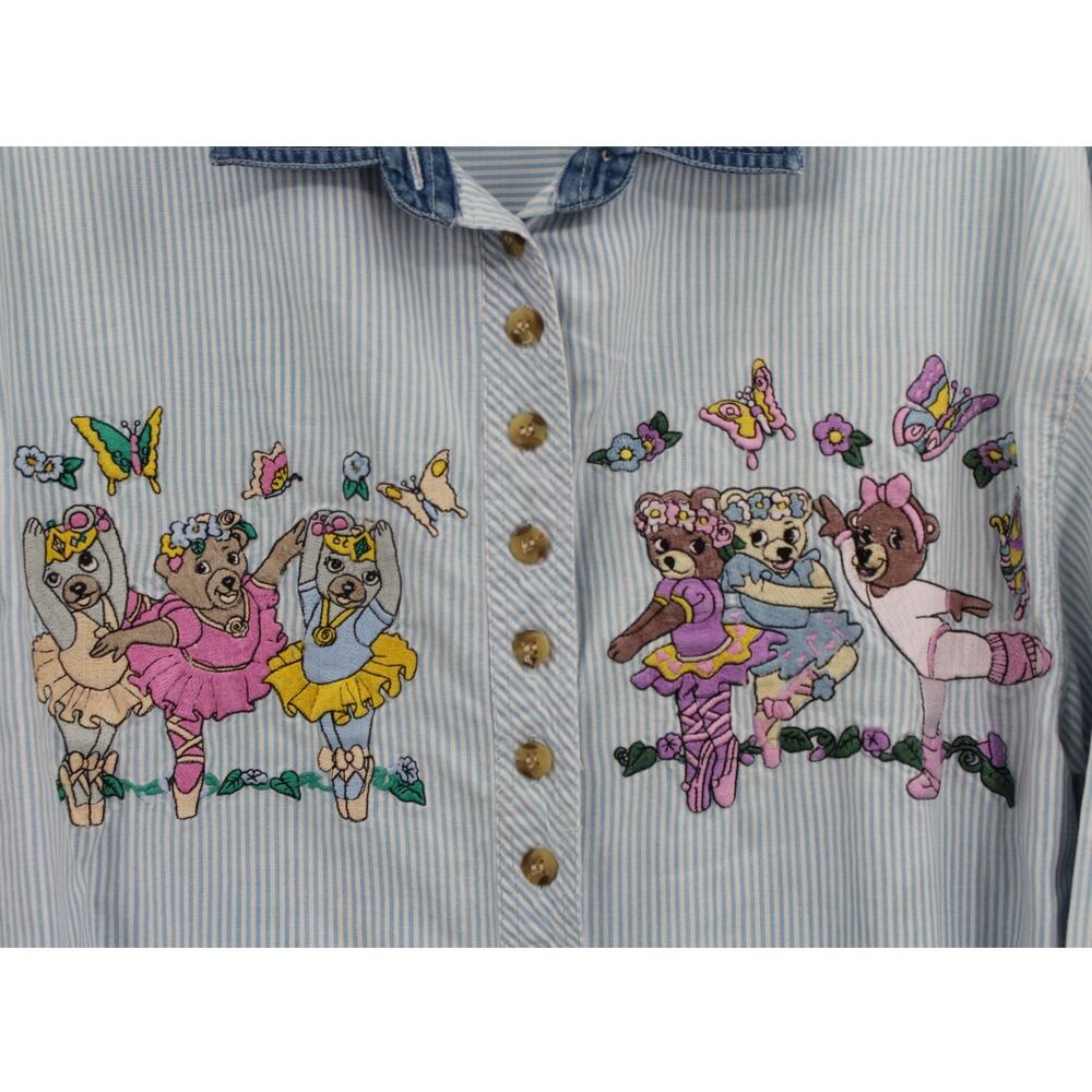 VTG Take Nine Maternity Button Shirt Medium Blue Stripe Ballerina Bear